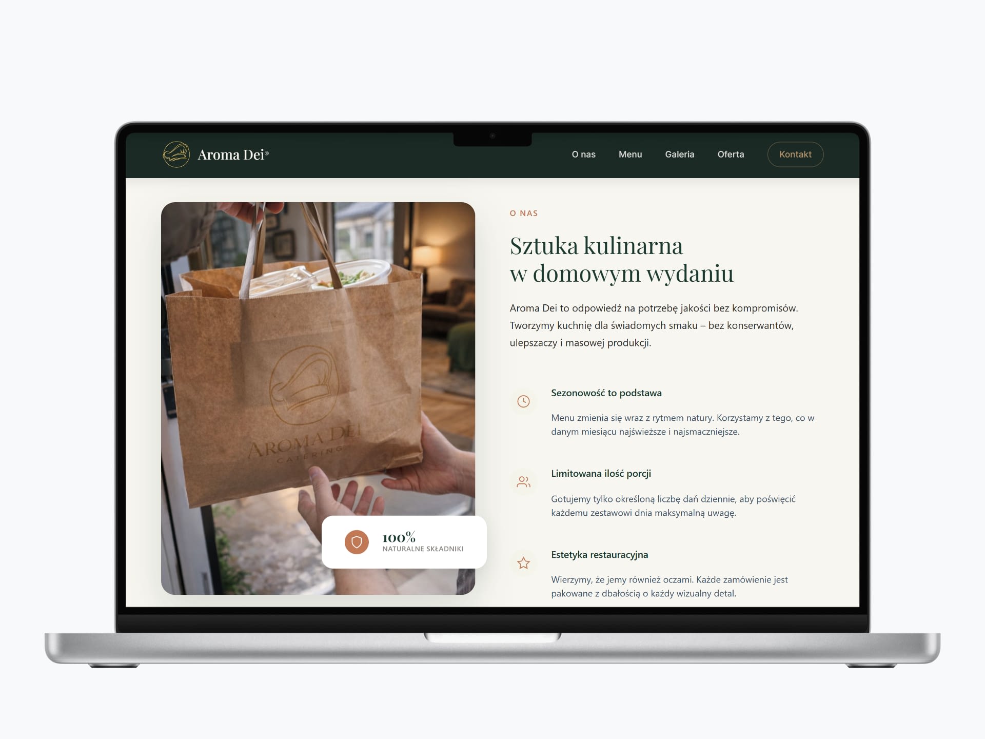 Aroma Dei Catering about page screenshot on laptop